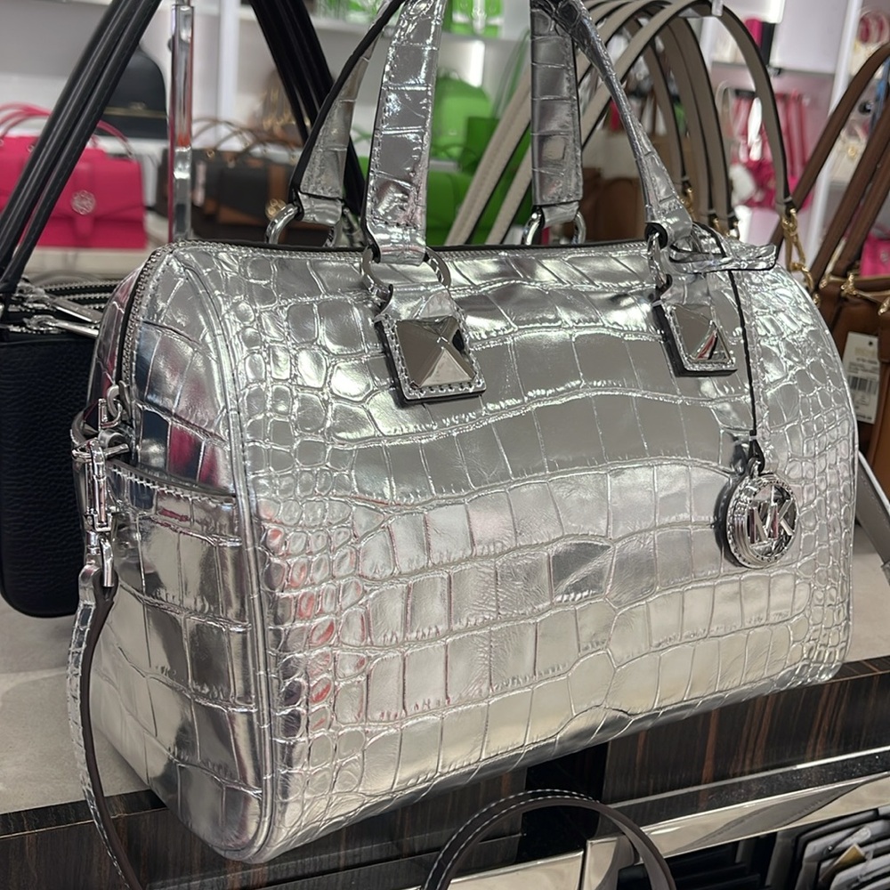 Michael Kors Grayson Medium Metallic Crocodile Embossed Leather Satchel
Silver - Picture 16 of 16